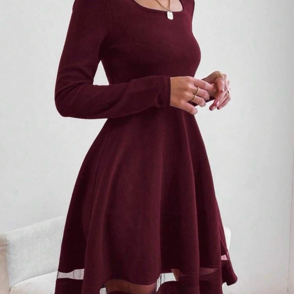 SHEIN Red Long Sleeve Fit and Flare Dress